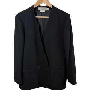 Evan-Picone Black Worsted Wool Blazer‎ Collarless Made in USA Womens 12
